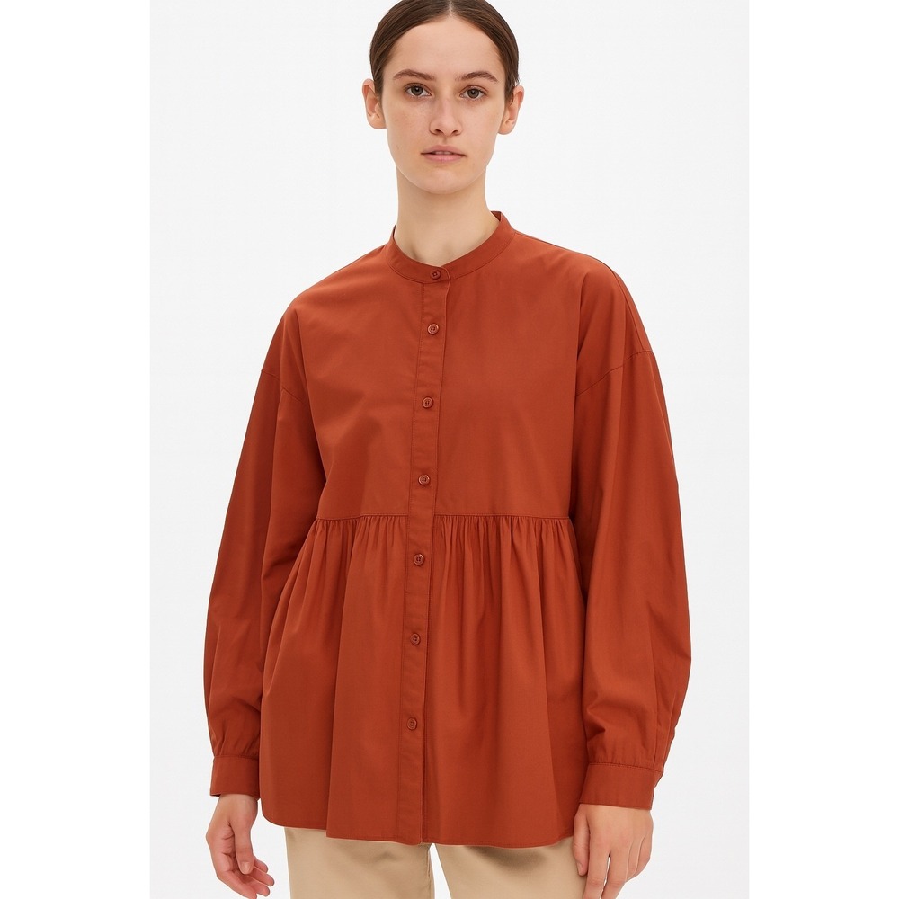Uniqlo Long Sleeve Band Collar Babydoll Peasant Blouse Top Size M‎ Orange Cotton